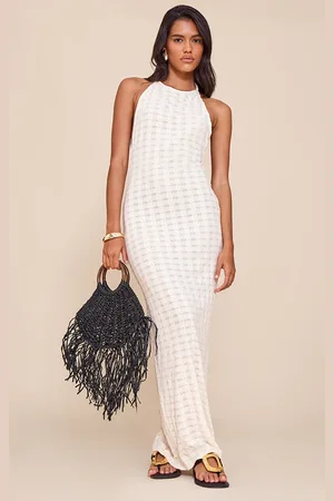 PRETTYLITTLETHING Cream Textured Halterneck Tie Low Back Sleeveless Maxi Dress