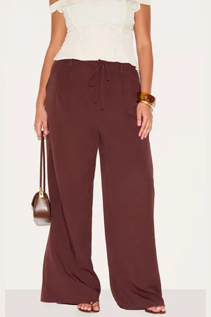 PRETTYLITTLETHING Plus Wine Tailored Tie Detail Woven Wide Leg Trousers