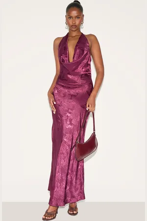 PRETTYLITTLETHING Wine Satin Extreme Cowl Neck Maxi Dress