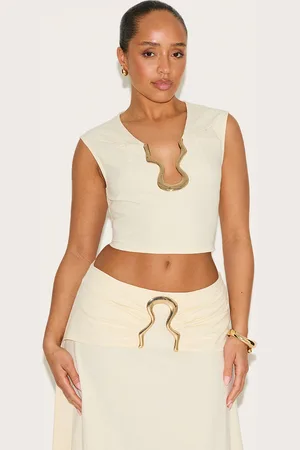 PRETTYLITTLETHING Shape Cream Linen Look Gold Wave Trim Crop Top
