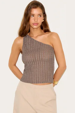 PRETTYLITTLETHING Taupe Textured Knot Detail One Shoulder Long Top
