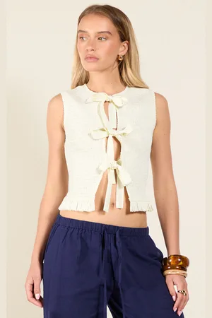 PRETTYLITTLETHING Cream Tie Front Extreme Shirred Top