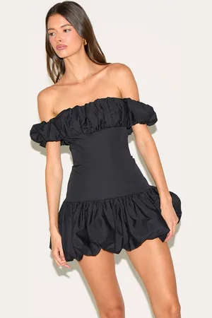 PRETTYLITTLETHING Ruched Bardot Puff Hem Bodycon Dress