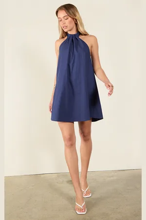 PRETTYLITTLETHING Blue Linen-Blend Ruched Halterneck Shift Dress