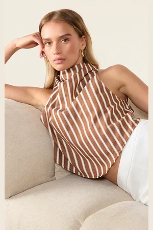 PRETTYLITTLETHING Cotton Look Striped Halterneck Top