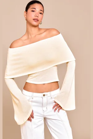 PRETTYLITTLETHING Textured Fold Over Bardot Extreme Flute Sleeve Long Top