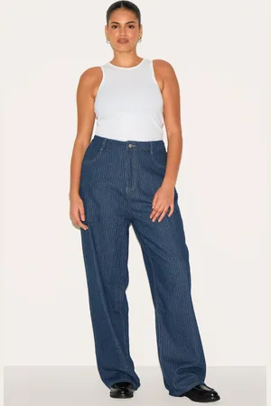 PRETTYLITTLETHING Plus Pinstripe Denim Straight Leg Jeans