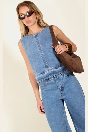 PRETTYLITTLETHING Round Neck Sleeveless Boxy Denim Top