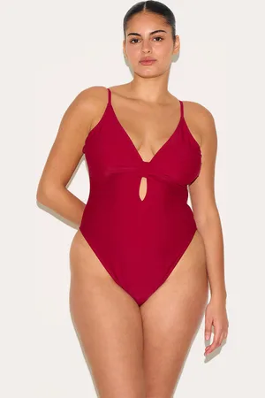 PRETTYLITTLETHING Plus Burgundy Knot Front Cut Out Swimsuit