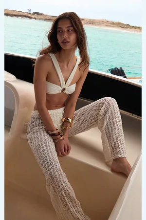 PRETTYLITTLETHING Cream Crochet Low Waist Wide Leg Beach Trousers