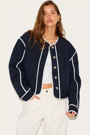 PRETTYLITTLETHING Navy Button Up Round Neck Quilted Jacket