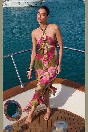 PRETTYLITTLETHING Olive Orchid Print Chiffon Frill Maxi Beach Dress