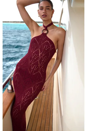 PRETTYLITTLETHING Burgundy Crochet Halter Neck Maxi Beach Dress