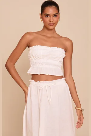 PRETTYLITTLETHING Linen Look Shirred Bandeau Top