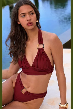 PRETTYLITTLETHING Burgundy O Ring Detail Ruched Triangle Bikini Top