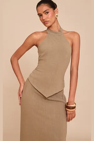 PRETTYLITTLETHING Khaki Textured Halterneck Tie Back Top