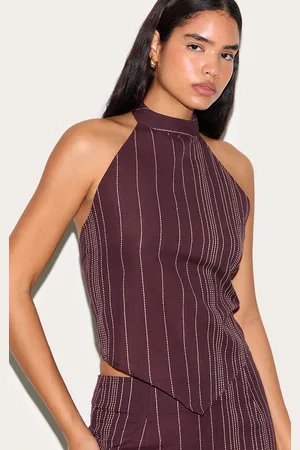 PRETTYLITTLETHING Tall Embroidered Stripe Halterneck Top