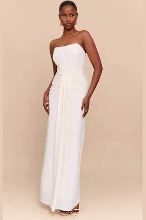 PRETTYLITTLETHING Cream Bandeau Corset Drape Detail Maxi Dress