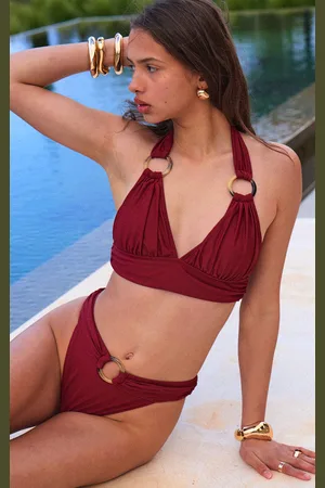 PRETTYLITTLETHING Burgundy O Ring Ruched High Leg Bikini Bottoms