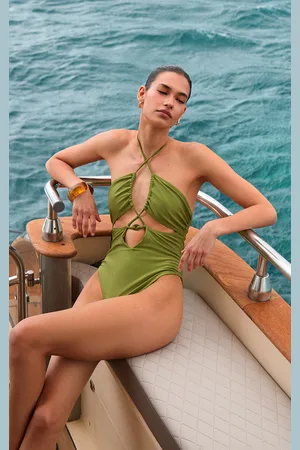 PRETTYLITTLETHING Olive Halter Neck Cut Out Swimsuit
