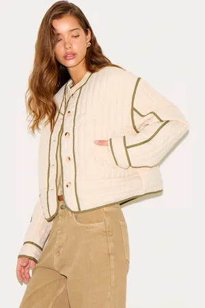 PRETTYLITTLETHING Cream Button Up Round Neck Quilted Jacket
