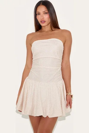 PRETTYLITTLETHING Tall Nude Bandeau Check Puffball Mini Dress