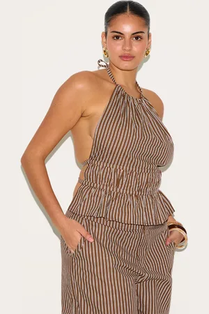 PRETTYLITTLETHING Plus Stripe Ruched Backless Halterneck Woven Top