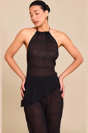 PRETTYLITTLETHING Textured Sheer Woven Backless Asymmetric Long Top