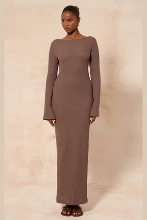 PRETTYLITTLETHING Taupe Textured Boat Neck Backless Long Sleeve Maxi Dress