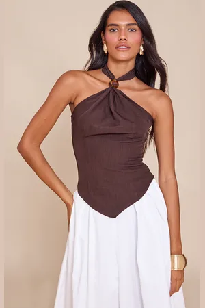 PRETTYLITTLETHING Bead Detail Woven Halterneck Top
