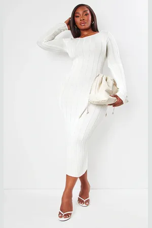 PRETTYLITTLETHING Plus Cream Knitted Wide Ribbed Scoop Back Midaxi Dress