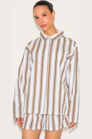 PRETTYLITTLETHING Petite Beige Striped Linen Look Oversized Long Sleeve Shirt