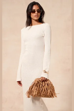 PRETTYLITTLETHING Cream Textured Boat Neck Backless Long Sleeve Maxi Dress