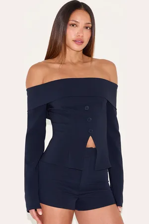 PRETTYLITTLETHING Tall Tailored Bardot Long Sleeve Button Top