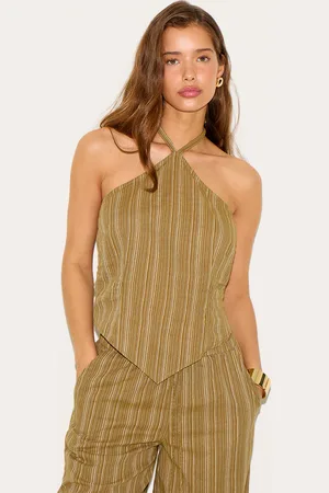 PRETTYLITTLETHING Khaki Pinstripe Halter Neck Pointed Hem Top