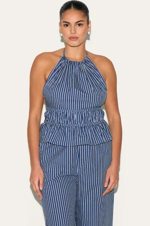 PRETTYLITTLETHING Plus Stripe Ruched Backless Halterneck Woven Top