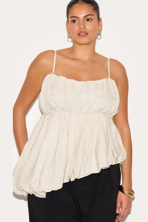 PRETTYLITTLETHING Plus Beige Linen Look Puff Ball Asymmetric Cami