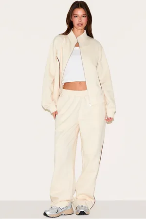 PRETTYLITTLETHING Cream Wide Leg Contrast Seam Joggers