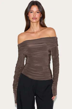 PRETTYLITTLETHING Charcoal Double Layer Slinky Ruched Detail Bardot Long Sleeve Top