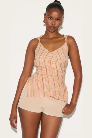 PRETTYLITTLETHING Lightweight Woven Striped Ruched Wrap Front Top