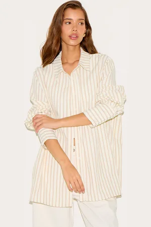 PRETTYLITTLETHING Cream Oversized Stripe Cuff Shirt