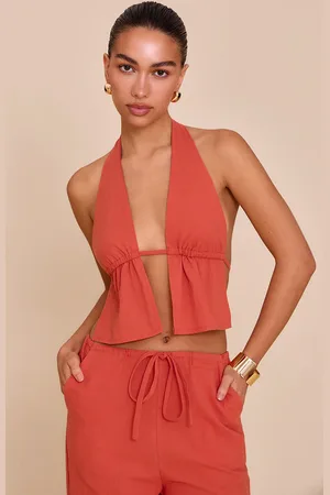 PRETTYLITTLETHING Rust Cotton Halterneck Backless Plunge Top
