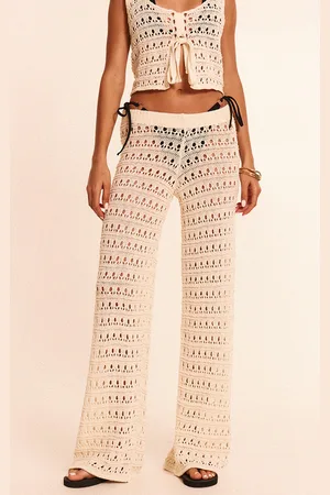 PRETTYLITTLETHING Cream Wide Leg Crochet Beach Trousers