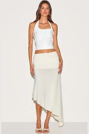 PRETTYLITTLETHING Cream Double Layer Slinky Asymmetrical Ruched Midaxi Skirt