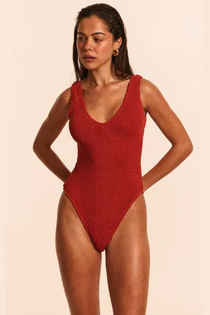 PRETTYLITTLETHING Rust Crinkle Plunge Swimsuit