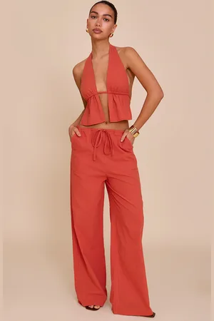 PRETTYLITTLETHING Rust Cotton Low Rise Drawstring Wide Leg Trousers