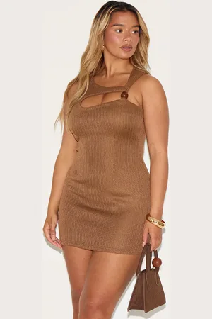 PRETTYLITTLETHING Shape Mocha Knitted Cut Out Tortoiseshell Trim Mini Dress