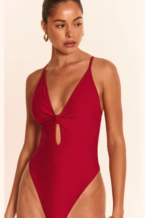 PRETTYLITTLETHING Burgundy Knot Front Cut Out Swimsuit
