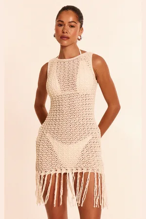 PRETTYLITTLETHING Cream Crochet Boat Neck Tassel Mini Dress