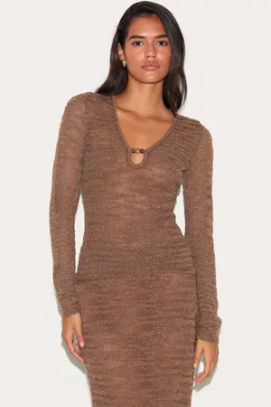 PRETTYLITTLETHING Sheer Bobble Crochet Long Sleeve Beaded Keyhole Cut Out Top